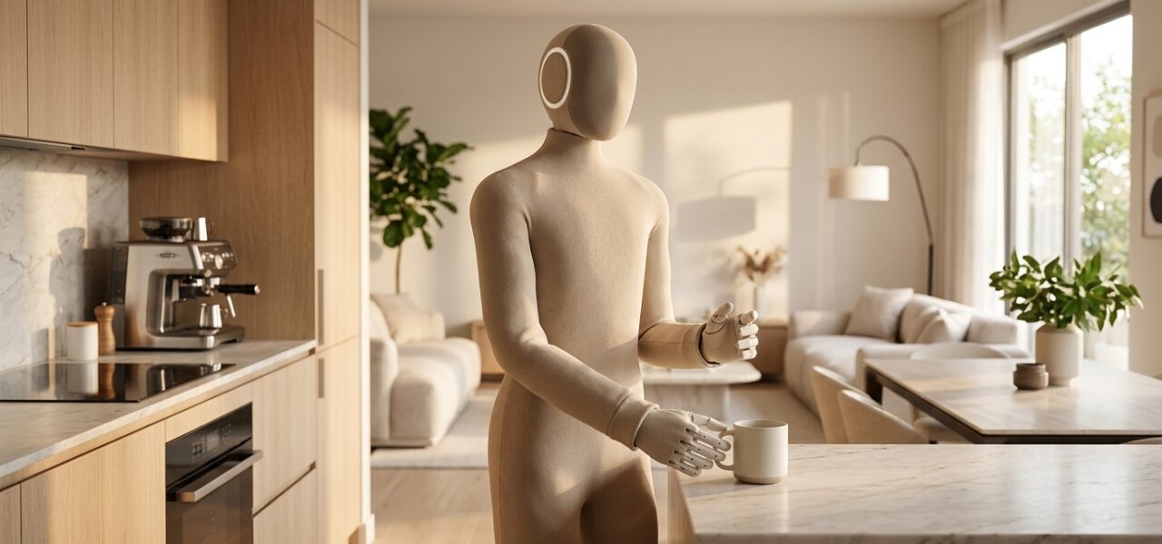 Robot humanoide 1X NEO en el salón de una casa moderna, imagen destacada de la ficha de modelo