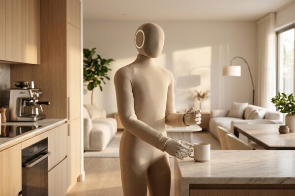 Robot humanoide 1X NEO en el salón de una casa moderna, imagen destacada de la ficha de modelo