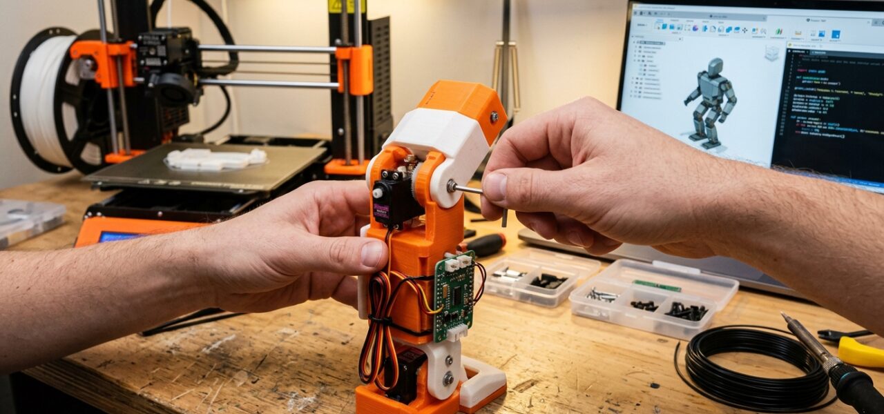 Manos ensamblando las piezas impresas en 3D de un robot humanoide DIY sobre una mesa de trabajo