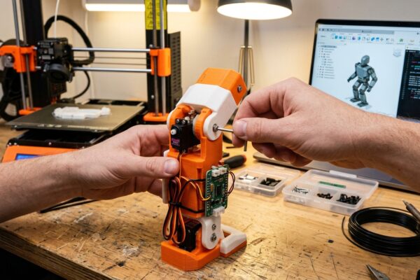Manos ensamblando las piezas impresas en 3D de un robot humanoide DIY sobre una mesa de trabajo
