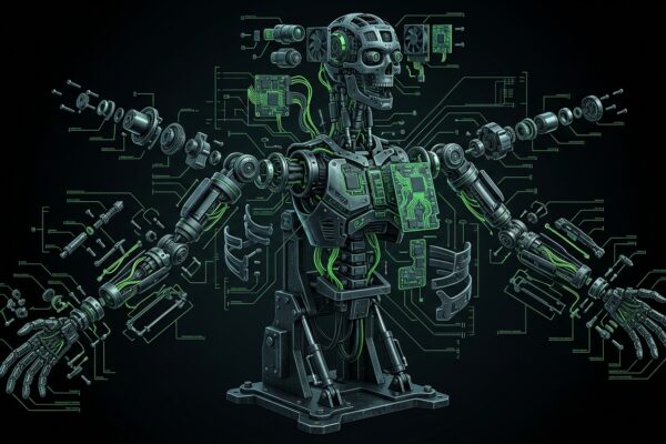 Despiece en vista explosionada de un robot humanoide mostrando articulaciones, motores y cables internos en verde neón
