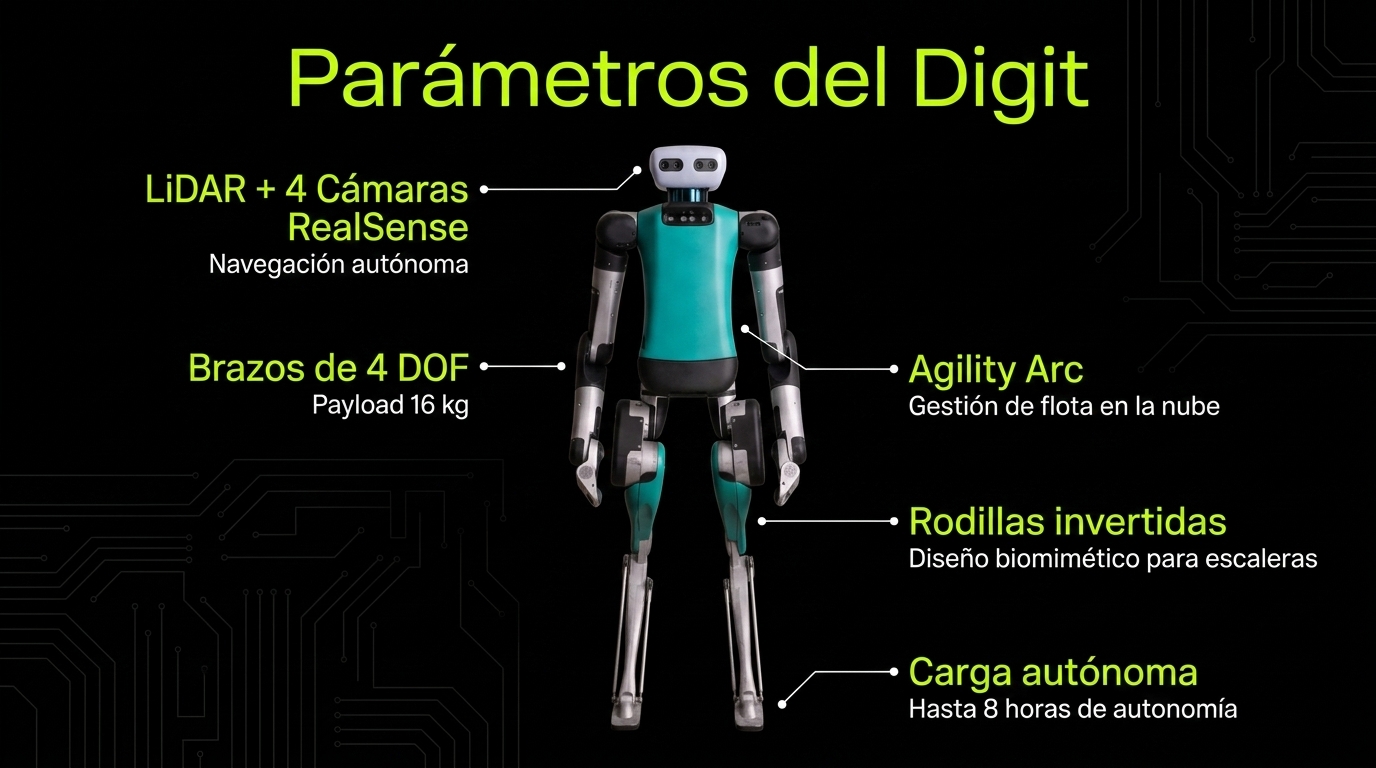Infografía con los parámetros técnicos del robot humanoide Digit de Agility Robotics: sensores, DOF, autonomía y sistema de carga