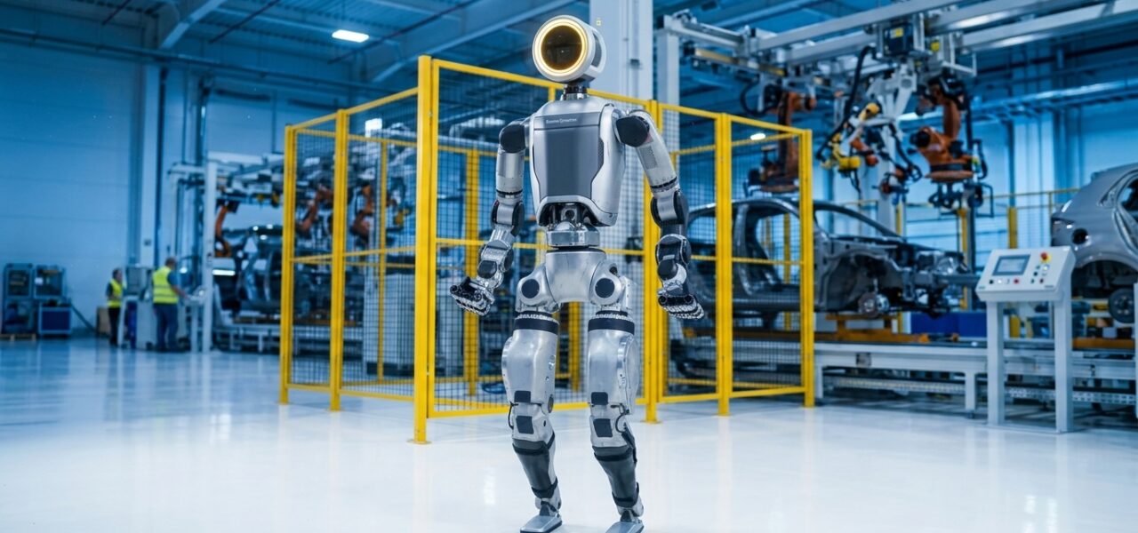 Robot humanoide Atlas de Boston Dynamics en el interior de una planta de fabricación automotriz con iluminación industrial azul
