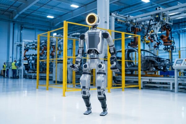 Robot humanoide Atlas de Boston Dynamics en el interior de una planta de fabricación automotriz con iluminación industrial azul