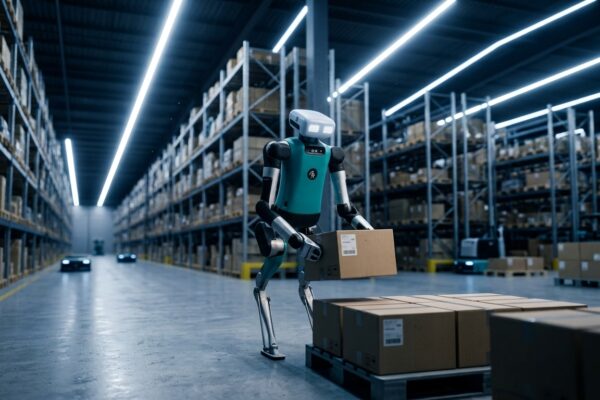 Robot humanoide Digit de Agility Robotics recogiendo cajas en una línea de almacén logístico