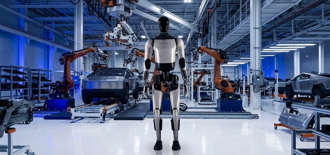 Robot humanoide Tesla Optimus Gen 3 en el interior de una planta de fabricación de vehículos eléctricos