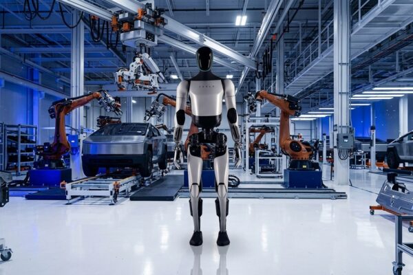 Robot humanoide Tesla Optimus Gen 3 en el interior de una planta de fabricación de vehículos eléctricos