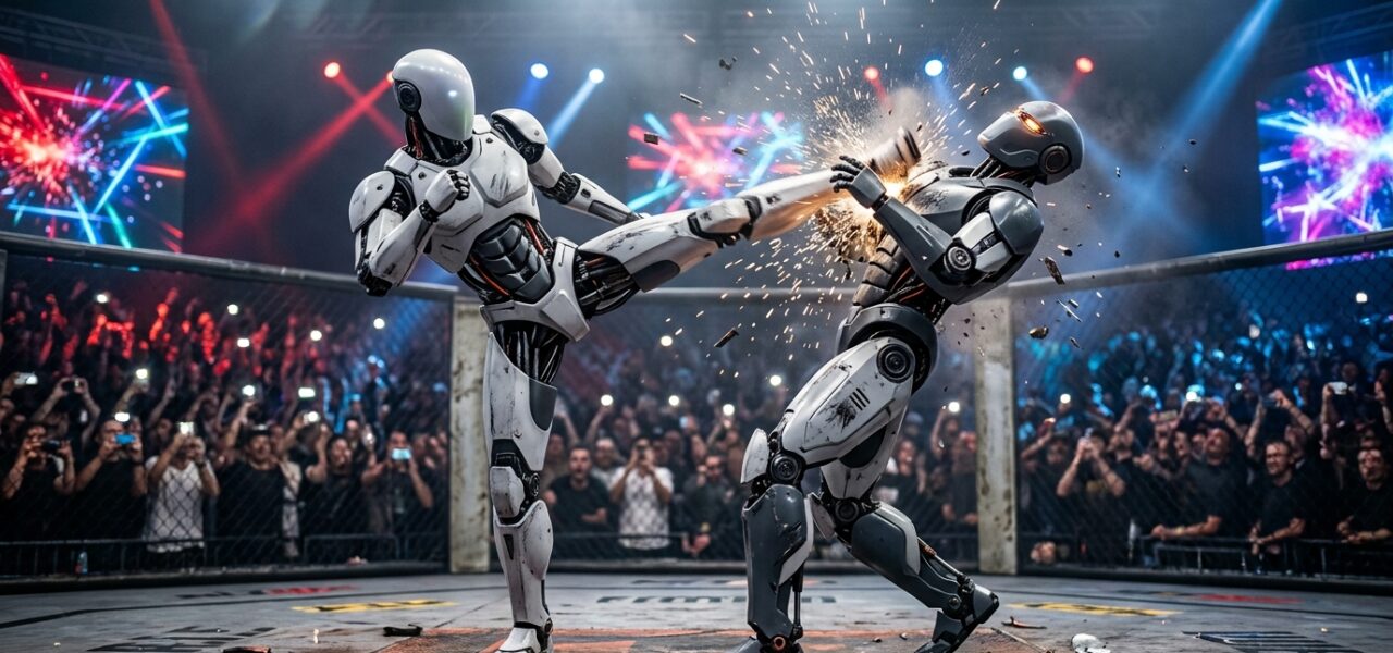 Combate real entre dos robots humanoides EngineAI T800 en la liga URKL de Shenzhen