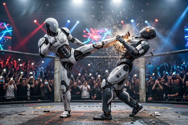 Combate real entre dos robots humanoides EngineAI T800 en la liga URKL de Shenzhen