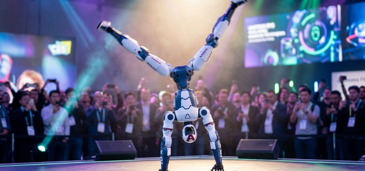 Robot humanoide Unitree R1 haciendo el pino durante una exhibición en directo ante el público