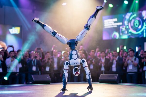 Robot humanoide Unitree R1 haciendo el pino durante una exhibición en directo ante el público