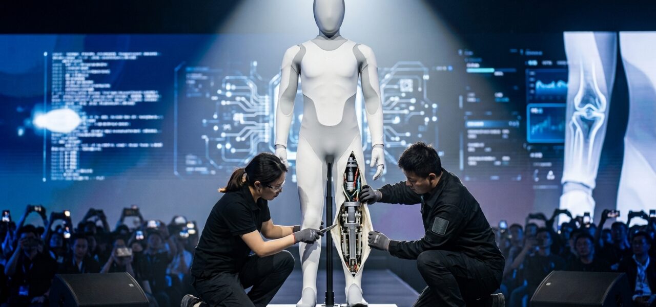 Ingenieros de Xpeng cortando la pierna del robot IRON en directo para demostrar que no era una persona disfrazada