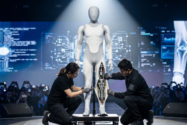Ingenieros de Xpeng cortando la pierna del robot IRON en directo para demostrar que no era una persona disfrazada