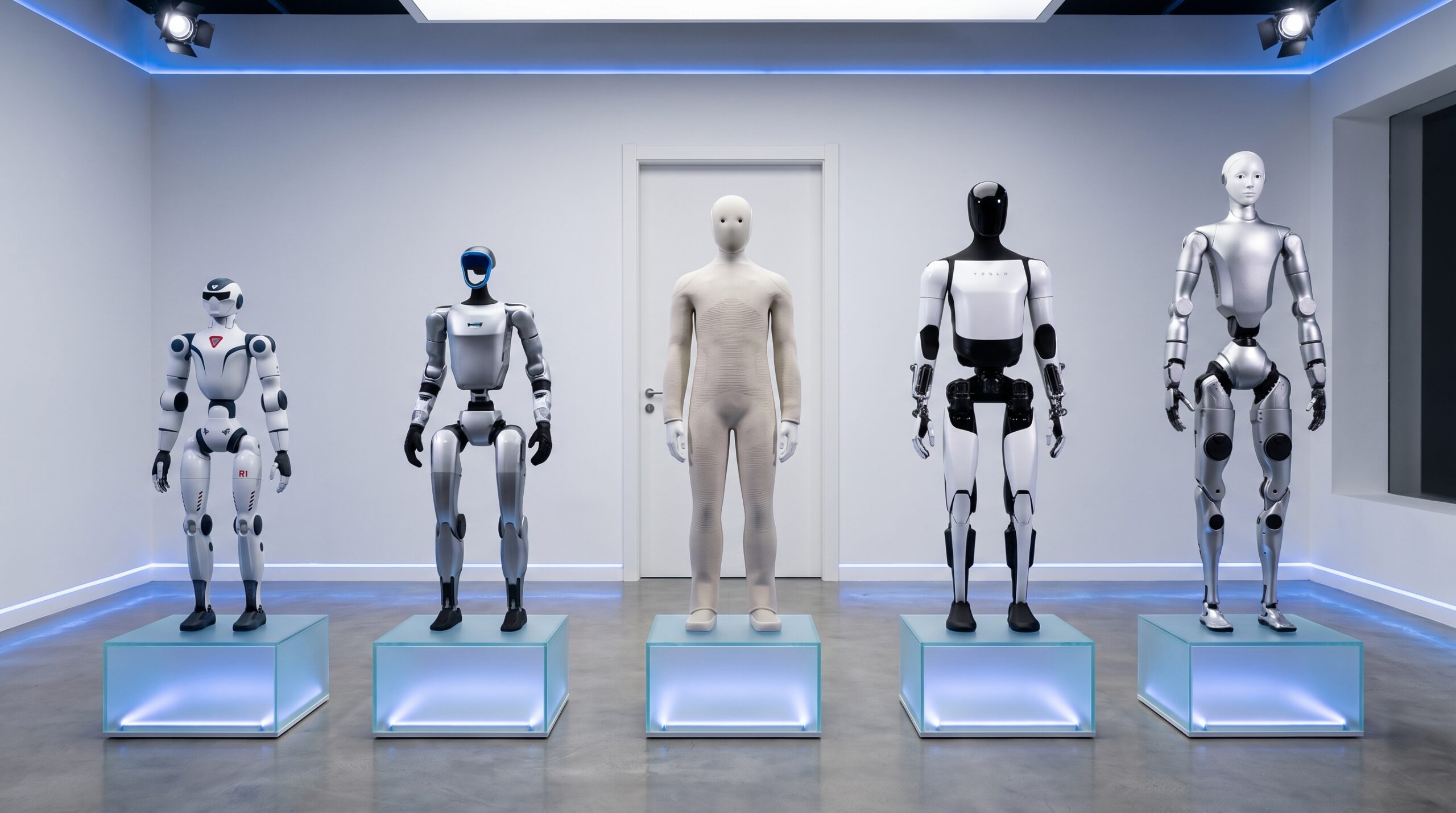 Comparativa de precios de robots humanoides en 2026: Unitree R1, Unitree G1, 1X NEO, Tesla Optimus y Unitree H2 en un showroom