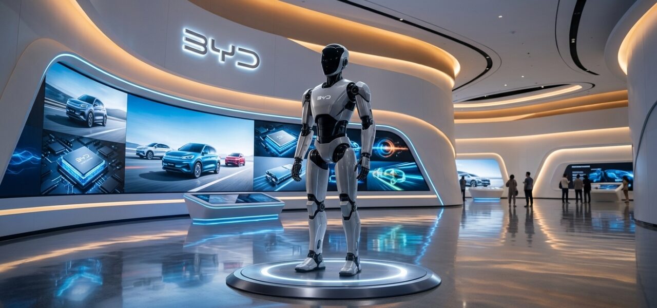 Robot humanoide Xiao Di de BYD en el interior de un centro de experiencia tecnológica Di Space con pantallas digitales al fondo