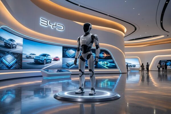 Robot humanoide Xiao Di de BYD en el interior de un centro de experiencia tecnológica Di Space con pantallas digitales al fondo