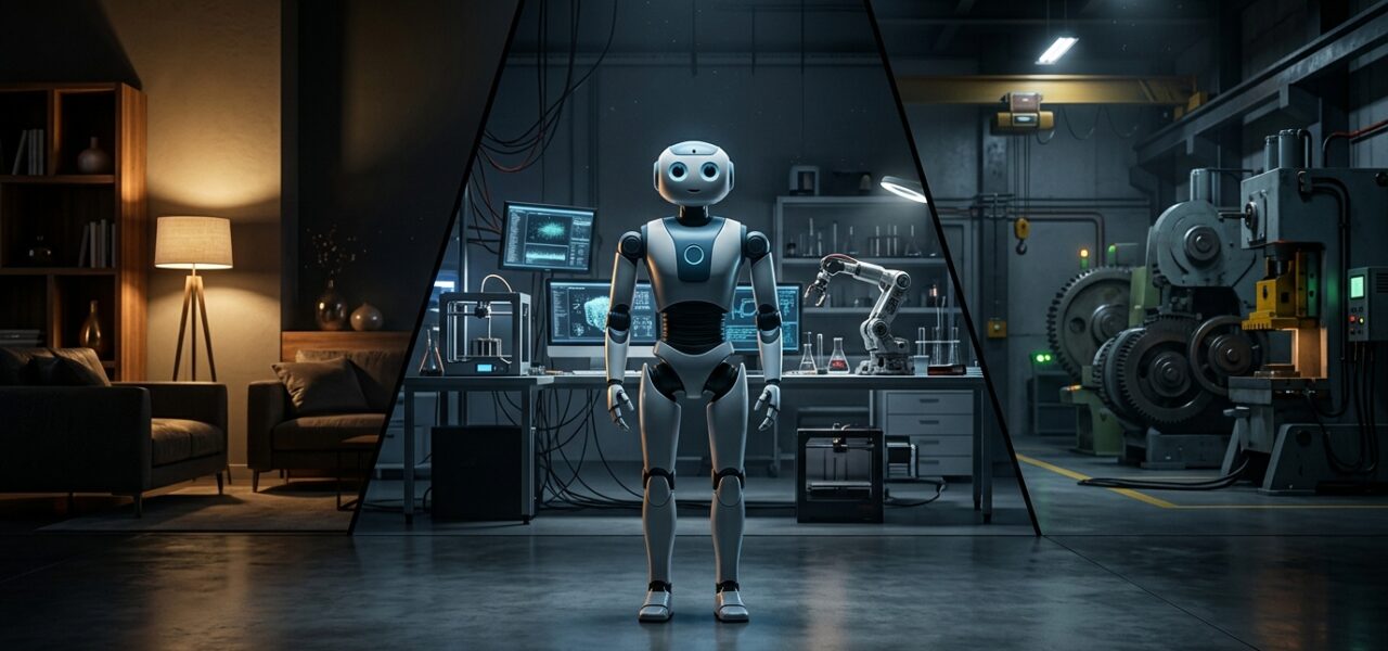Robot humanoide en tres entornos distintos: hogar, laboratorio de investigación y planta industrial