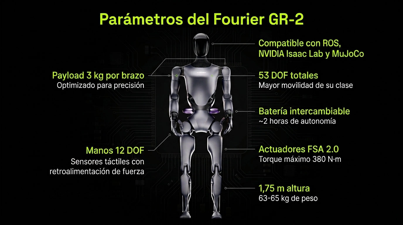 Infografía con los parámetros técnicos del robot humanoide Fourier GR-2: 53 DOF, manos táctiles de 12 DOF, actuadores FSA 2.0 con 380 N·m de torque y batería intercambiable de 2 horas