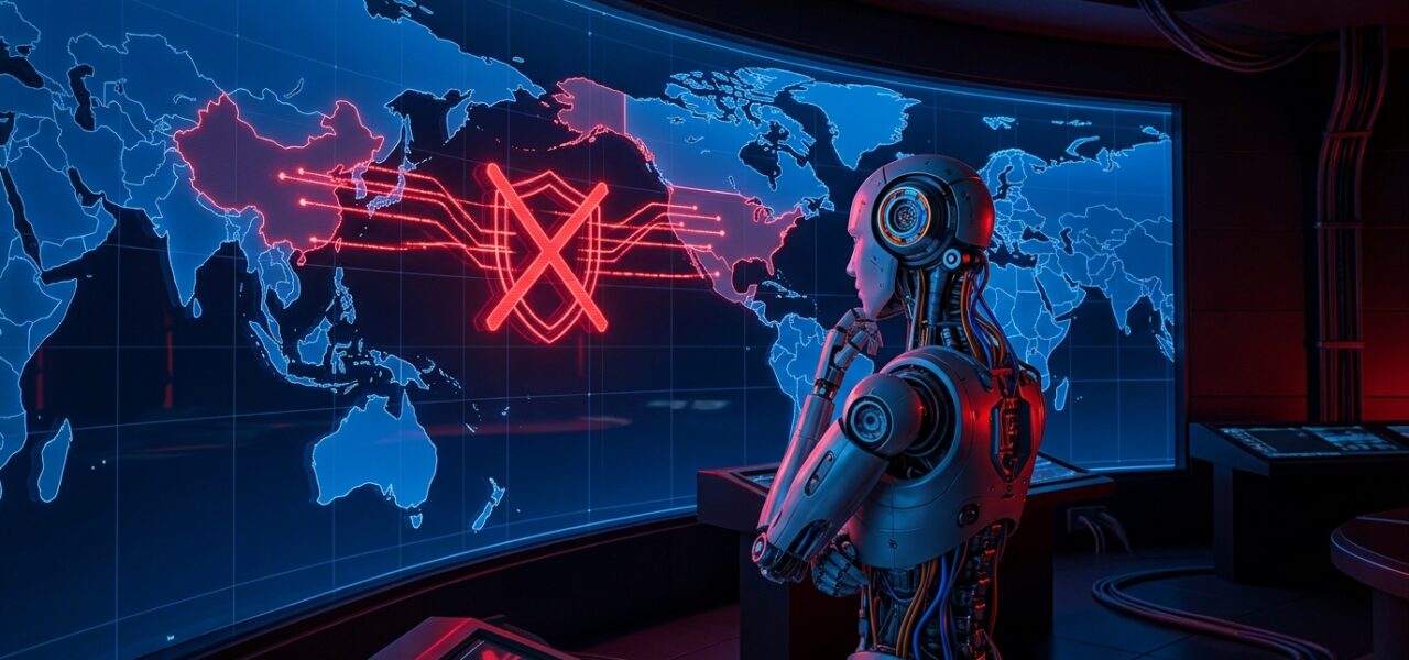 Robot humanoide frente a mapa digital con restricciones de importación entre China y Estados Unidos