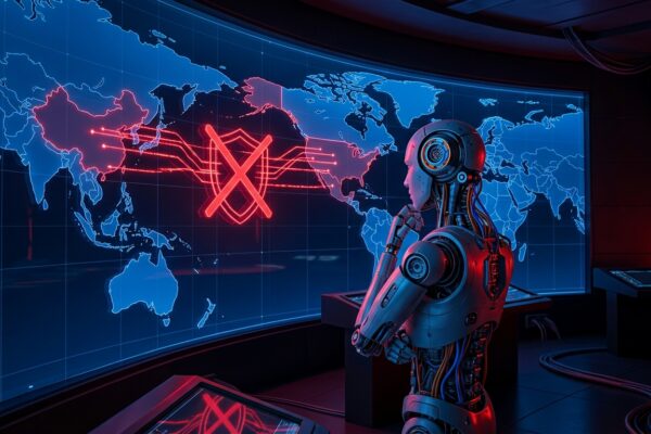 Robot humanoide frente a mapa digital con restricciones de importación entre China y Estados Unidos