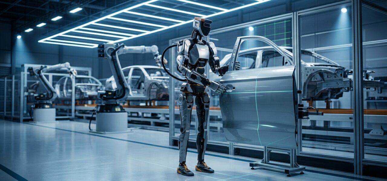 Robot humanoide Sanctuary AI Phoenix en el interior de una planta de fabricación automotriz con iluminación industrial azul