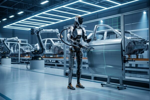 Robot humanoide Sanctuary AI Phoenix en el interior de una planta de fabricación automotriz con iluminación industrial azul
