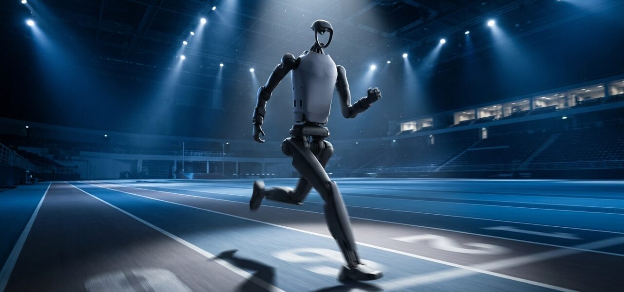 Robot humanoide Unitree H1 en pista de atletismo interior con iluminación dramática y efecto de movimiento a alta velocidad