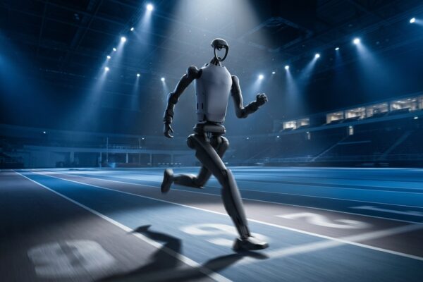 Robot humanoide Unitree H1 en pista de atletismo interior con iluminación dramática y efecto de movimiento a alta velocidad