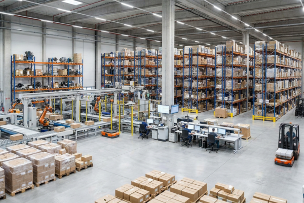 Interior de almacén logístico moderno con estanterías y sistemas automatizados de clasificación.
