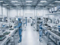 Robots humanoides trabajando en línea de producción industrial con automatización y equipos de fabricación.