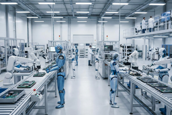 Robots humanoides trabajando en línea de producción industrial con automatización y equipos de fabricación.