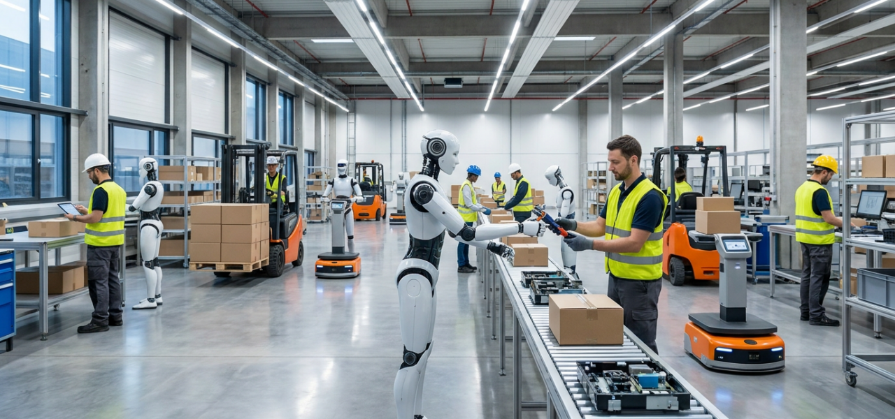 Entorno de almacén industrial con robots humanoides y trabajadores humanos colaborando sin jaulas de seguridad