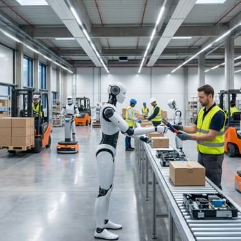 Entorno de almacén industrial con robots humanoides y trabajadores humanos colaborando sin jaulas de seguridad