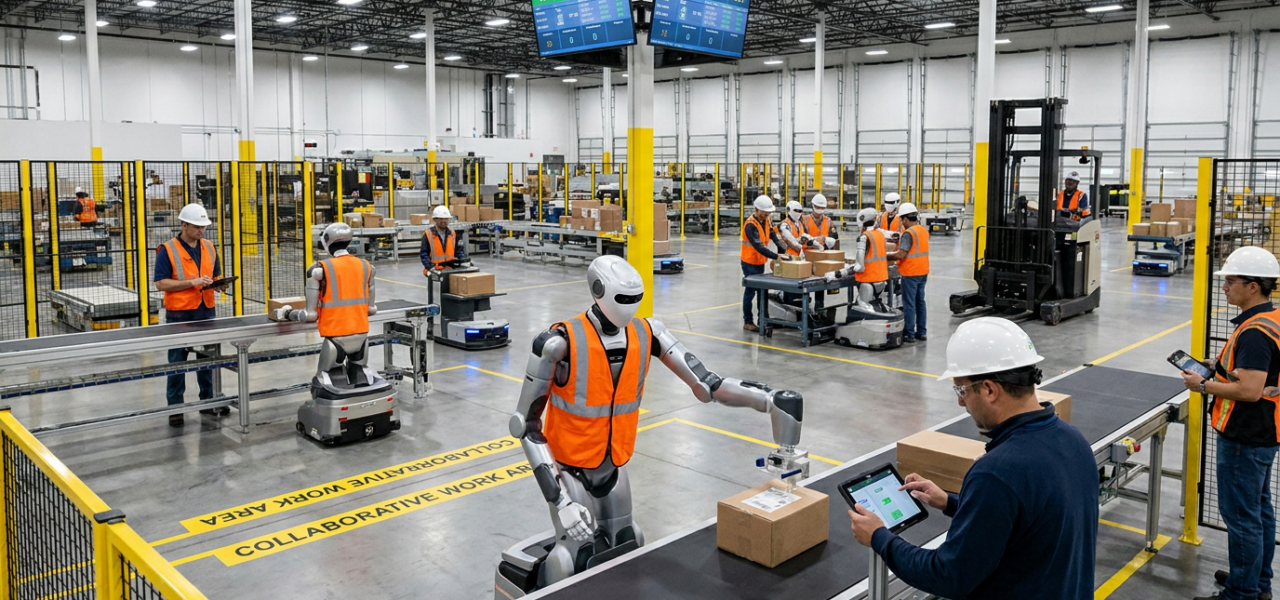 Planta industrial con robots humanoides realizando tareas de embalaje junto a trabajadores humanos sin barreras de seguridad física