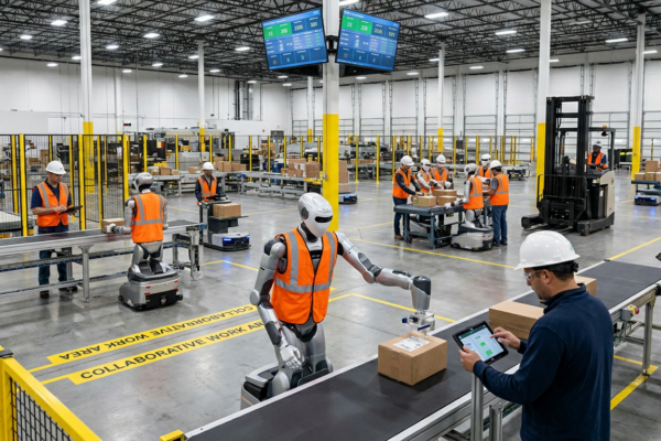Planta industrial con robots humanoides realizando tareas de embalaje junto a trabajadores humanos sin barreras de seguridad física