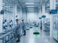 Robots y sistemas autónomos en instalación de manufactura moderna con sensores y tecnología integrada