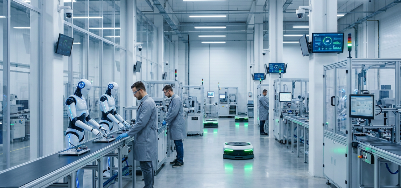 Robots y sistemas autónomos en instalación de manufactura moderna con sensores y tecnología integrada