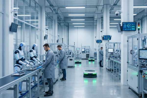 Robots y sistemas autónomos en instalación de manufactura moderna con sensores y tecnología integrada