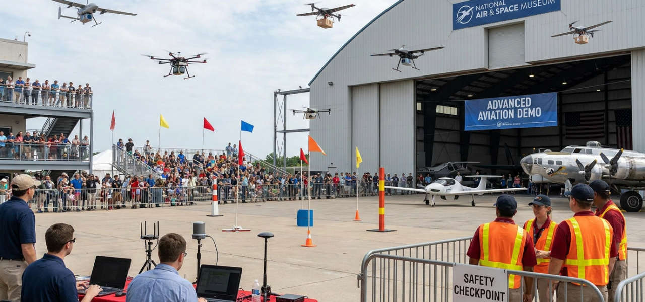 Drones compitiendo en circuito aéreo con carga útil visible, museo de aviación con visitantes observando el evento.