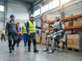 Robot humanoide en posición sentada en un almacén industrial junto a trabajadores, sin barreras de seguridad.