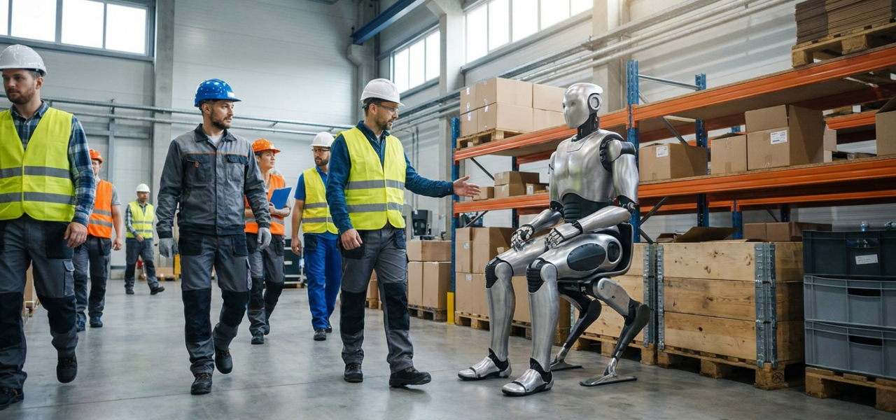 Robot humanoide en posición sentada en un almacén industrial junto a trabajadores, sin barreras de seguridad.