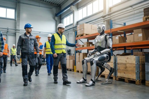 Robot humanoide en posición sentada en un almacén industrial junto a trabajadores, sin barreras de seguridad.