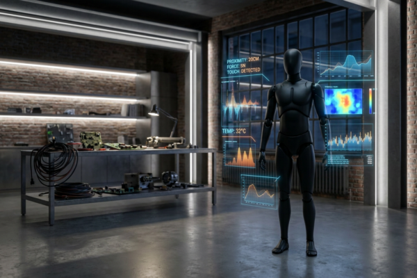 Estudio de diseño industrial italiano con visualizaciones de datos de sensores multimodales flotando alrededor de una silueta humanoide