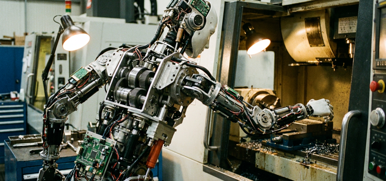 Robot en entorno industrial con componentes mecánicos, actuadores y sensores visibles en articulaciones y estructura
