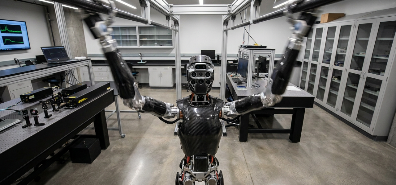 Robot humanoide balanceándose sobre barras dispersas en laboratorio de investigación
