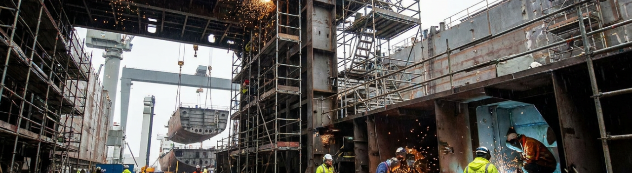 Astillero industrial con vigas metálicas, equipamiento de soldadura y ambiente de construcción naval
