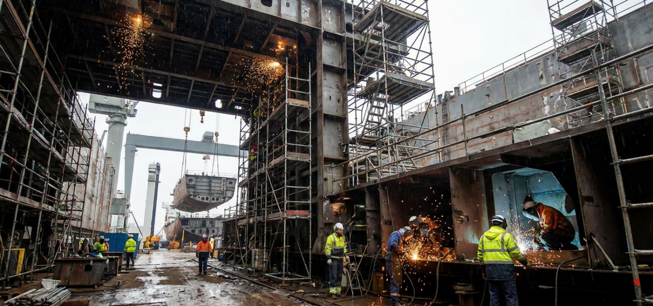 Astillero industrial con vigas metálicas, equipamiento de soldadura y ambiente de construcción naval