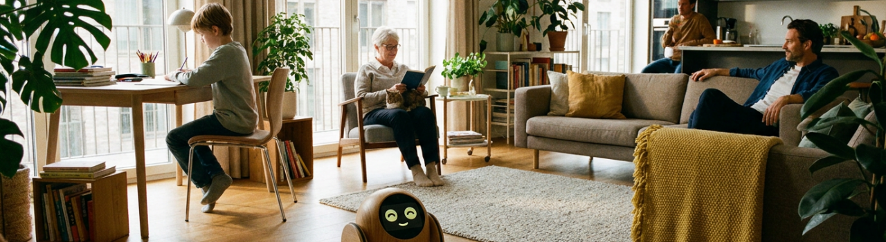 Robot compañero en ambiente hogareño moderno, moviéndose entre espacios domésticos con presencia discreta