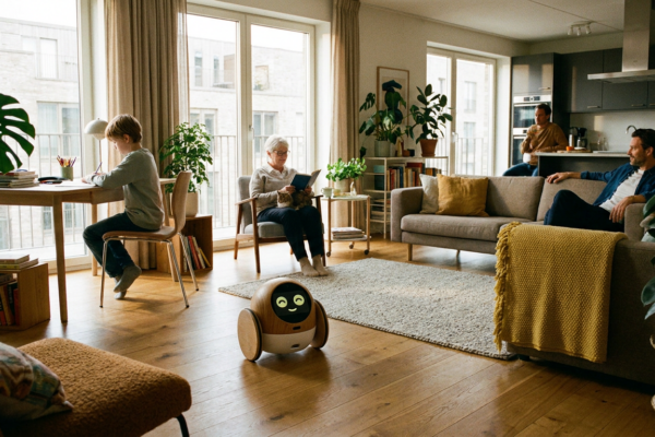 Robot compañero en ambiente hogareño moderno, moviéndose entre espacios domésticos con presencia discreta