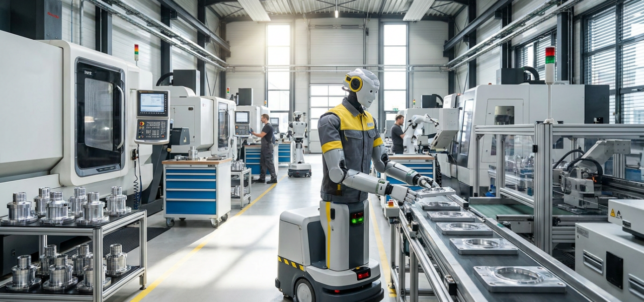 Robot con base de ruedas realizando tareas en una línea de producción industrial moderno.